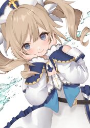 Rule 34 | 1girl, barbara (genshin impact), blue eyes, bow, bowtie, dress, drill hair, genshin impact, goma aki, hands on own cheeks, hands on own face, highres, long sleeves, looking at viewer, simple background, smile, twin drills, twintails, water, white background, white dress