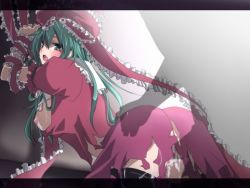 Rule 34 | 1girl, aftersex, ass, bad id, bad pixiv id, bdsm, blush, bondage, bound, bound wrists, breasts, cum, cum in pussy, frills, green eyes, green hair, jpeg artifacts, kagiyama hina, large breasts, letterboxed, long hair, looking at viewer, matching hair/eyes, nipples, open mouth, penis, ribbon, sakura (lilak a), sex, shadow, solo, thighhighs, torn clothes, touhou