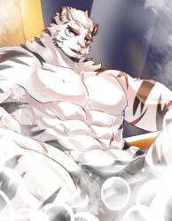 Rule 34 | 1boy, abs, animal ears, arknights, armpit hair, armpit hair peek, bara, bathtub, completely nude, convenient censoring, facial hair, flaccid, from below, furry, furry male, goatee, highres, ipyeonham, large pectorals, looking to the side, male focus, mountain (arknights), muscular, muscular male, nude, pectorals, penis, scar, scar across eye, scar on arm, short hair, soap bubbles, soap censor, solo, thick eyebrows, tiger boy, tiger ears, white hair