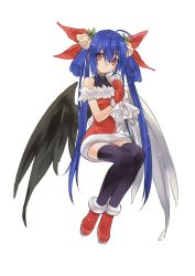 Rule 34 | 1girl, ahoge, ankle boots, arc system works, asymmetrical wings, bag, bare shoulders, bell, black thighhighs, blue hair, boots, christmas, closed mouth, collar, dizzy (guilty gear), eyebrows, female focus, full body, fur trim, gloves, guilty gear, hair bell, hair between eyes, hair ornament, hair ribbon, holding, holding bag, leash, legs together, long hair, looking at viewer, red eyes, ribbon, sack, santa boots, santa costume, santa gloves, simple background, sitting, sleeveless, smile, solo, thighhighs, twintails, wanko (pixiv), wanko (takohati8), white background, wings