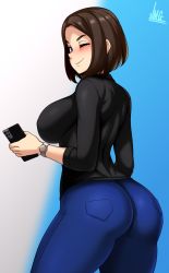 Rule 34 | 1girl, absurdres, ass, black shirt, blue background, blue eyes, blue nails, blue pants, blush, breasts, brown hair, closed mouth, denim, freckles, from behind, highres, holding, holding phone, jeans, jmg, looking at viewer, mole, mole under eye, nail polish, one eye closed, pants, pantylines, phone, samsung, samsung sam, shirt, short hair, sideboob, smile, solo, two-tone background, white background