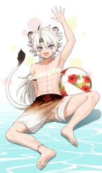 Rule 34 | 1boy, animal ears, ball, beachball, bishounen, commentary request, english text, full body, hand up, highres, iroiro 0w0, lingyang (wuthering waves), lion boy, lion tail, looking at viewer, male focus, male swimwear, navel, open mouth, shorts, simple background, solo, tail, toes, topless male, white hair, wuthering waves