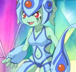 Rule 34 | 1girl, armor, blue one-piece swimsuit, clothing cutout, digimon, digimon (creature), digimon frontier, frog girl, navel cutout, one-piece swimsuit, ranamon, red eyes, screencap, swimsuit, toei animation