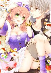 Rule 34 | 10s, 1boy, 1girl, :d, amiko (frostedchocolate), apple, apple slice, atelier (series), atelier escha &amp; logy, bishounen, bracelet, braid, breasts, carrying, choker, cleavage, couple, cowboy shot, cup, escha malier, fingerless gloves, food, fork, fruit, gloves, green eyes, grey gloves, grey hair, hat, hetero, jewelry, logix ficsario, looking at another, messy hair, open mouth, pink hair, princess carry, purple skirt, red apple, short hair, skirt, smile, tea, teacup, thighlet, twintails, yellow eyes