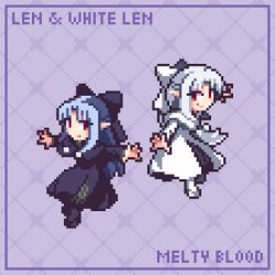 Rule 34 | 2girls, black bow, black dress, blue hair, bow, character name, closed mouth, commentary, copyright name, dress, english commentary, full body, hair bow, len (tsukihime), long hair, looking at viewer, melty blood, multiple girls, nghtmrsrph, pixel art, pointy ears, purple background, red eyes, smile, tsukihime, type-moon, white bow, white dress, white hair, white len (tsukihime)