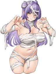 Rule 34 | 1girl, absurdres, ahoge, bandages, bare shoulders, breasts, chest sarashi, cleavage, commentary, commission, cropped legs, hair bun, highres, large breasts, long hair, looking at viewer, midriff, mummy costume, navel, original, pinepin, purple hair, sarashi, simple background, smile, solo, standing, stomach, strapless, thighs, tube top, very long hair, white background, yellow eyes