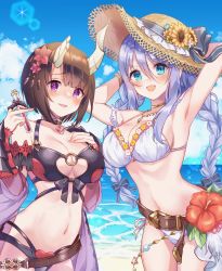 Rule 34 | 2girls, adjusting clothes, adjusting headwear, arms up, belt, belt buckle, bikini, black bikini, blue eyes, blue sky, blush, braid, breasts, broken horn, brown hair, buckle, claw ring, cleavage, cleavage cutout, clothing cutout, cloud, commentary request, eriko (princess connect!), eriko (summer) (princess connect!), flower, gauntlets, gold trim, grey ribbon, hat, hat flower, hat ribbon, hibiscus, highres, holding, holding test tube, horns, jewelry, large breasts, lens flare, long hair, looking at viewer, mixed-language commentary, miyakoto, multi-strapped bikini bottom, multi-strapped bikini top, multiple girls, necklace, nervous, o-ring, o-ring bikini, ocean, open mouth, outdoors, princess connect!, purple eyes, purple hair, red flower, ribbon, shizuru (princess connect!), shizuru (summer) (princess connect!), short hair, sidelocks, sky, smile, straw hat, sunflower, swimsuit, test tube, twin braids, upper body, white bikini