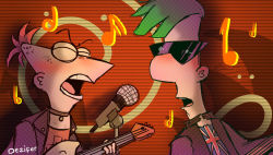 Rule 34 | 2boys, alternate costume, artist request, deviantart, electric guitar, ferb fletcher, green hair, guitar, instrument, microphone, multiple boys, music, musical note, phineas and ferb, phineas flynn, red hair, singing