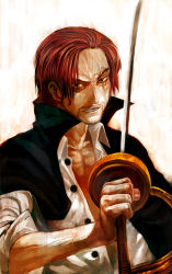 Rule 34 | 1boy, angry, bad id, bad pixiv id, facial hair, goatee, jacket, jacket on shoulders, lack, looking at viewer, male focus, manly, one piece, open clothes, open collar, open shirt, pirate, realistic, red hair, saber (weapon), scar, shanks (one piece), shirt, solo, sword, unbuttoned, weapon, white shirt