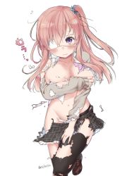 Rule 34 | 1girl, :i, black thighhighs, blush, breasts, covering privates, embarrassed, eyepatch, female focus, nei (os), one side up, original, os (os fresa), pink hair, simple background, skirt, solo, thighhighs, torn clothes, torn thighhighs, twitter username, white background