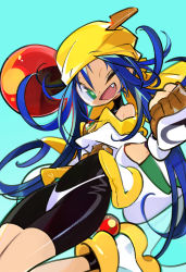 Rule 34 | 1girl, arm up, artist request, bandana, blue hair, clenched hands, fang, fingerless gloves, gloves, green eyes, happy, highres, lime (saber j), long hair, looking at viewer, one eye closed, open mouth, saber marionette j, shiny clothes, smile, solo, spandex, thong, white gloves, wink