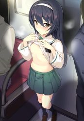 Rule 34 | 10s, 1girl, 2boys, black hair, black socks, blouse, blush, breasts, brown eyes, clothes lift, commentary request, exhibitionism, faceless, faceless male, flashing, formal, full body, girls und panzer, green skirt, hairband, head out of frame, highres, icomochi, kneehighs, lifted by self, long hair, multiple boys, navel, nipples, no bra, oppai challenge, public indecency, reizei mako, school uniform, serafuku, shirt, shirt lift, shoes, sitting, skirt, small breasts, socks, suit, train interior, white shirt