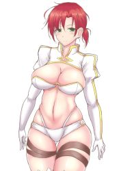 Rule 34 | 1girl, bikini, boudica (fate), breasts, cleavage, closed mouth, commentary request, cowboy shot, fate/grand order, fate (series), gloves, gluteal fold, green eyes, highleg, highleg bikini, juliet sleeves, large breasts, layered bikini, long sleeves, looking at viewer, muchabou, o-ring, o-ring bottom, o-ring top, puffy sleeves, red hair, short ponytail, shrug (clothing), simple background, smile, solo, standing, swimsuit, thigh strap, thighhighs, thighs, white background, white bikini, white gloves, white thighhighs