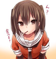 Rule 34 | 10s, 1girl, black neckerchief, brown eyes, brown hair, elbow gloves, food, gloves, gradient background, hair between eyes, ica, kantai collection, leaning forward, looking at viewer, mouth hold, neckerchief, pocky, red shirt, school uniform, sendai (kancolle), serafuku, shirt, short hair, short sleeves, simple background, solo, text focus, translated, twintails, two side up, upper body, white background
