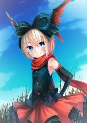 Rule 34 | 1girl, artist request, bat wings, black gloves, black shirt, blonde hair, blue eyes, bow, buttons, cloud, day, earrings, elbow gloves, elin, gloves, grass, hair bow, hand on own hip, head wings, highres, jewelry, outdoors, red scarf, red skirt, ribbon, scarf, shirt, short hair, skirt, sky, sleeveless, sleeveless shirt, smile, solo, tall grass, tera online, upper body, wings