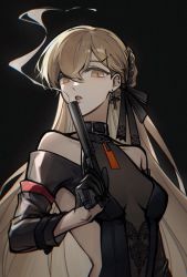 Rule 34 | 1girl, bare shoulders, black dress, black gloves, blowing smoke, breasts, brown eyes, dress, earrings, girls&#039; frontline, gloves, gun, hair ornament, hairclip, highres, jewelry, light brown hair, long hair, looking at viewer, mod3 (girls&#039; frontline), parted lips, ppk (girls&#039; frontline), ppk (mod3) (girls&#039; frontline), ribbon, small breasts, smoke, smoking gun, solo, sonnambulo777, suppressor, very long hair, walther, weapon