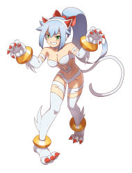 Rule 34 | 1girl, animal ears, animal hands, ashe (mega man), bare shoulders, blue hair, blush, body blush, body fur, bow, bracelet, breasts, cat ears, cat girl, cat paws, cat tail, claw pose, claws, cleavage, commentary, commission, company connection, cosplay, english commentary, fake animal ears, fake tail, felicia (vampire), felicia (vampire) (cosplay), full body, green eyes, grin, hair bow, highres, jewelry, long hair, looking at viewer, medium breasts, mega man (series), mega man zx, mega man zx advent, mixed-language commentary, navel, ponytail, red bow, revealing clothes, shoutaro saito, sidelocks, simple background, smile, solo, standing, tail, teeth, thighhighs, vampire (game), white background, white fur, white thighhighs