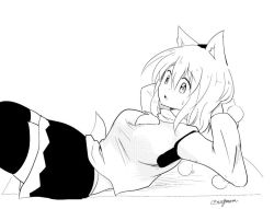 Rule 34 | 1girl, animal ears, arms behind head, black skirt, black thighhighs, breasts, exercising, foreshortening, from side, greyscale, hat, inubashiri momiji, long sleeves, lying, medium breasts, monochrome, on back, open mouth, pom pom (clothes), sit-up, sit up, skirt, solo, sweatdrop, tail, taurine 8000mg, thighhighs, tokin hat, touhou, twitter username, wide sleeves, wolf ears, wolf tail, zettai ryouiki