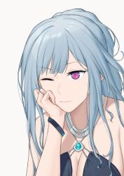 Rule 34 | 1girl, absurdres, ak-12 (girls&#039; frontline), ak-12 (quiet azure) (girls&#039; frontline), bare shoulders, bracelet, breasts, chinese commentary, cleavage, close-up, closed mouth, commentary request, girls&#039; frontline, grey hair, halterneck, hand on own face, highres, jewelry, large breasts, long hair, necklace, official alternate costume, one eye closed, pink eyes, ponytail, simobulanka, simple background, sleeveless, solo, white background