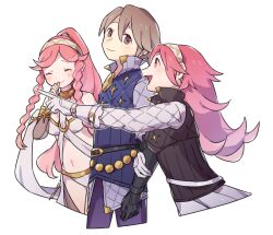 Rule 34 | 1boy, 2girls, black gloves, braid, brown eyes, closed eyes, closed mouth, commentary request, father and daughter, fire emblem, fire emblem awakening, fire emblem fates, gambeson, gloves, grey hair, haconeri, happy, high ponytail, laslow (fire emblem), long hair, multiple girls, navel, nintendo, olivia (fire emblem), pink hair, short hair, simple background, smile, soleil (fire emblem), twin braids, white background