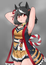 Rule 34 | 1girl, absurdres, animal ears, armpits, arms up, bare shoulders, black hair, black thighhighs, blush, breasts, chanchanko (clothes), cleavage, cleavage cutout, clothing cutout, commentary request, cowboy shot, cropped arms, detached sleeves, grey background, highres, horse ears, horse girl, horse tail, kitasan black (umamusume), large breasts, looking at viewer, mintia1911, multicolored background, multicolored clothes, multicolored hair, obi, open mouth, orange shirt, orange skirt, red eyes, sash, shirt, skindentation, skirt, smile, solo, streaked hair, sweat, tail, teeth, thighhighs, two side up, umamusume, very sweaty, white hair