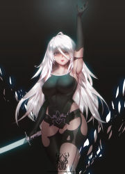 Rule 34 | 1girl, absurdres, android, arm up, armlet, armpits, black gloves, black shorts, blue triangular, breasts, collarbone, commentary, curvy, elbow gloves, english commentary, gloves, grey eyes, highres, holding, holding sword, holding weapon, joints, large breasts, long hair, mole, mole under mouth, nier (series), nier:automata, patreon username, pink lips, robot joints, short shorts, shorts, silver hair, solo, sword, tank top, very long hair, weapon, a2 (nier:automata)