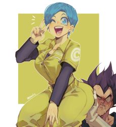 Rule 34 | 1boy, 1girl, addy (@vegeebs), ass, ass grab, black hair, blue eyes, blue hair, blush, breasts, bulma, capsule corp, cleavage, colored eyelashes, dragon ball, dragon ball super, dragon ball super super hero, embarrassed, face in ass, flustered, heavy, hetero, huge ass, husband and wife, long hair, on person, one eye closed, open mouth, peace symbol, short hair, sitting, sitting on person, smile, spiked hair, v, vegeta, wide hips