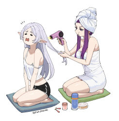 2girls bare_legs barefoot black_shirt breasts commentary_request dolphin_shorts elf fatzhai fern_(sousou_no_frieren) frieren hair_dryer highres holding holding_hair_dryer large_breasts legs long_hair multiple_girls naked_towel open_mouth pointy_ears pout purple_eyes purple_hair seiza shirt shorts simple_background sitting small_breasts sousou_no_frieren tank_top towel towel_on_head twitter_username white_background white_hair white_tank_top