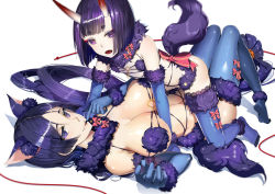 Rule 34 | 2girls, animal ears, blue gloves, blue thighhighs, blush, breasts, closed mouth, commentary request, cosplay, elbow gloves, eyes visible through hair, eyeshadow, fangs, fate/grand order, fate (series), feet, fingernails, flat chest, fur-trimmed gloves, fur-trimmed legwear, fur trim, girl on top, gloves, highres, horns, knees up, large breasts, long hair, looking at viewer, lu&quot;, lying, makeup, mash kyrielight, mash kyrielight (dangerous beast), mash kyrielight (dangerous beast) (cosplay), minamoto no raikou (fate), multiple girls, navel, official alternate costume, on back, oni, open mouth, purple eyes, purple hair, red ribbon, revision, ribbon, shadow, sharp fingernails, shiny clothes, shiny skin, short hair, shuten douji (fate), simple background, skin-covered horns, smile, tail, thighhighs, tongue, tongue out, very long hair, white background, wolf ears, wolf tail