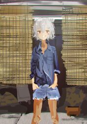 Rule 34 | 1girl, absurdres, alternate costume, bamboo screen, blue shirt, brown eyes, cevio, collared shirt, commentary request, cutoffs, denim, denim shorts, double bun, dress shirt, feet out of frame, grey hair, grin, hair bun, hair ornament, hairclip, hands in pockets, highres, kabuyama kaigi, koharu rikka, legs apart, looking at viewer, messy hair, mouth hold, shirt, short hair, short shorts, shorts, sleeves rolled up, smile, solo, standing, straight-on, synthesizer v, toothpick