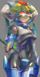 Rule 34 | 1girl, android, armor, capcom, colorized, crotch plate, green hair, helmet, highres, holding, holding weapon, mega man (series), mega man zx, oeillet vie, pandora (mega man), red eyes, simple background, solo, staff, tagme, weapon