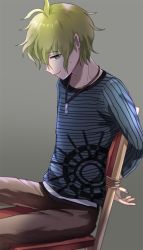 Rule 34 | 10s, 1boy, amami rantaro, arms behind back, bound, bound arms, chair, danganronpa (series), danganronpa v3: killing harmony, denim, green hair, grey background, jeans, jewelry, looking at viewer, male focus, necklace, pants, rope, shirt, simple background, sitting, solo, striped clothes, striped shirt, tied to chair, tied up, utou (utousan), wooden chair