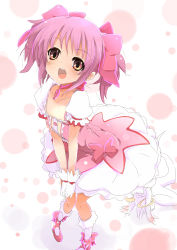 Rule 34 | 10s, 1girl, :d, blush, bow, bubble skirt, choker, collarbone, dress, flat chest, foreshortening, gloves, hair bow, hands on own knees, kaname madoka, kaname madoka (magical girl), kyubey, magical girl, mahou shoujo madoka magica, mahou shoujo madoka magica (anime), open mouth, pink bow, pink eyes, pink hair, puffy sleeves, shoes, short hair, short twintails, skirt, smile, solo, sora to umi, twintails