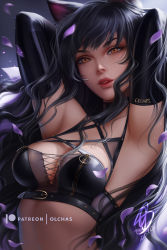 Rule 34 | 1girl, 2020, animal ears, armpits, black gloves, black hair, blake belladonna, breasts, cat ears, cleavage, elbow gloves, gloves, long hair, looking at viewer, medium breasts, olchas, orange eyes, parted lips, red lips, rwby, signature, solo, upper body, very long hair