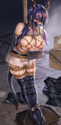 Rule 34 | 1girl, arknights, arms behind back, bdsm, black shorts, blouse, blue hair, bondage, bound, breast bondage, ch&#039;en (arknights), cuffs, dragon horns, dragon tail, frown, gag, gagged, highres, horns, jacket, kacyu, neckwear request, nipple piercing, nipples, oni horns, panties, piercing, pussy juice, remote control vibrator, restrained, rope, sex toy, shibari, shirt, shorts, sleeveless, sleeveless shirt, solo, tail, underwear, unworn jacket, vibrator, vibrator under clothes, vibrator under panties, white shirt