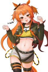 Rule 34 | 1girl, :p, animal ears, belt, black belt, black jacket, black thighhighs, blush, brown eyes, commentary request, cowboy shot, crop top, dr.tan90 degrees, hands up, head tilt, highres, horse ears, jacket, long hair, long sleeves, looking at viewer, mayano top gun (umamusume), midriff, navel, open clothes, open jacket, orange hair, shirt, short shorts, shorts, simple background, solo, standing, stomach, thighhighs, thighs, tongue, tongue out, two side up, umamusume, very long hair, white background, white shorts, yellow shirt
