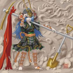 Rule 34 | 1girl, adapted costume, arm ribbon, arm strap, armor, barefoot, barefoot sandals (jewelry), blue eyes, blue hair, bow, breasts, cave, centipede print, commentary request, green shirt, green skirt, grin, helmet, highres, himemushi momoyo, holding, holding pickaxe, japanese armor, jewelry, kabuto (helmet), leg ribbon, leg strap, long hair, looking at viewer, medium breasts, messy hair, orange bow, orange ribbon, orange sash, oversized object, pickaxe, red ribbon, ribbon, ring, rope, shirt, short sleeves, shovel, skirt, skirt set, smile, standing, toes, touhou, very long hair, wide sleeves