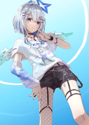 Rule 34 | 1girl, ahoge, amane kanata, angel, angel wings, arm warmers, black choker, black shorts, blue background, blue eyes, blue hair, blue nails, blue sky, bob cut, character print, choker, closed mouth, colored inner hair, commentary request, cowboy shot, feathered wings, feet out of frame, finger to cheek, finger to face, fingernails, fishnets, from below, grey hair, hair between eyes, hair ornament, hairclip, halo, hand on own hip, head tilt, highres, hololive, jewelry, light blush, light smile, looking at viewer, mini wings, multicolored hair, nail polish, outdoors, print shirt, purple eyes, self character print, shirt, short hair, short shorts, short sleeves, shorts, single arm warmer, single fishnet legwear, sky, solo, t-shirt, thigh strap, virtual youtuber, white shirt, wings, x hair ornament, yami ara