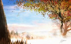 Rule 34 | artist name, autumn leaves, bare tree, blue sky, cloud, day, fog, grass, mountainous horizon, no humans, original, outdoors, scenery, signature, sky, tree, waisshu (sougyokyuu)