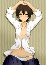 Rule 34 | 1girl, artist request, barakamon, blush, breasts, brown eyes, brown hair, cleavage, clothes pull, dress shirt, highres, looking at viewer, lying, open clothes, panties, shirt, short hair, skirt, skirt pull, small breasts, solo, underwear, yamamura miwa