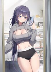 Rule 34 | 1girl, absurdres, black hair, black shorts, blue eyes, book, breasts, camisole, cellphone, character request, commentary, copyright request, cowboy shot, crop top, drawstring, hand up, highres, holding, holding phone, indoors, large breasts, long hair, long sleeves, low ponytail, midriff, mirror, navel, phone, short shorts, shorts, shrug (clothing), smartphone, smile, solo, spaghetti strap, standing, stomach, thighs, ugwa, very long hair