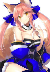 Rule 34 | 10s, 1girl, animal ears, bare shoulders, between breasts, blue bow, blue ribbon, blue thighhighs, blush, bow, breasts, cleavage, detached collar, detached sleeves, fate/extra, fate/grand order, fate (series), fox ears, fox girl, fox tail, hair bow, hair ribbon, japanese clothes, kimono, large breasts, long hair, long sleeves, looking at viewer, obi, pink hair, ribbon, sakuyosi, sash, short kimono, sidelocks, smile, solo, tail, tamamo no mae (fate/extra), thighhighs, twintails, white background, wide sleeves, yellow eyes