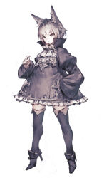 Rule 34 | 1girl, animal ear fluff, animal ears, black dress, boots, commentary request, ascot, dress, full body, hand on own hip, high collar, high heels, highres, original, puffy sleeves, short hair, simple background, solo, thigh boots, thighhighs, white background, wide sleeves, yanyan (shinken gomi), zettai ryouiki