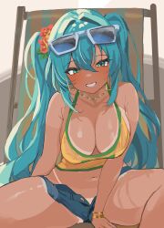 1girl alien_adviser aqua_eyes aqua_hair bare_shoulders blush bracelet brazilian_flag brazilian_flag_print brazilian_miku breasts cleavage dark-skinned_female dark_skin earrings eyewear_on_head flower gold_earrings hair_flower hair_ornament hatsune_miku highres jewelry long_hair looking_at_viewer multiple_bracelets rectangular_earrings shirt shorts shorts_tan sleeveless sleeveless_shirt smile solo spread_legs tan tanline tanline_peek twintails vocaloid white-framed_eyewear