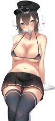 Rule 34 | 1girl, absurdres, akitsu maru (kancolle), arms at sides, bare arms, bare shoulders, bikini, bikini top only, black bikini, black hair, black hat, black panties, black skirt, black thighhighs, blue eyes, blush, breasts, brown hair, closed mouth, collarbone, commentary request, condom, condom in mouth, condom wrapper, cowboy shot, eyebrows, gloves, hair between eyes, hat, heart, heart-shaped pupils, highres, kantai collection, large breasts, looking at viewer, micro bikini, micro bikini top, midriff, military hat, miniskirt, mouth hold, navel, onineko-chan, panties, pantyshot, peaked cap, pleated skirt, shiny skin, short hair, simple background, sitting, skirt, smile, solo, stomach, strap gap, string bikini, sweatdrop, swimsuit, symbol-shaped pupils, thigh gap, thighhighs, underwear, white background, white gloves