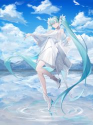 Rule 34 | absurdres, aqua eyes, aqua hair, back bow, bare shoulders, blue sky, boots, bow, breasts, cloud, cloudy sky, dress, full body, hair between eyes, highres, long hair, looking at viewer, medium breasts, meru02295238, outdoors, outstretched arm, reflection, reflective water, see-through, see-through sleeves, sky, smile, standing, standing on liquid, twintails, very long hair, vocaloid, white dress, white footwear