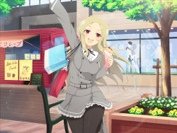 Rule 34 | 1girl, arm up, awning, bag, belt, bench, black pantyhose, blonde hair, blush, bow, breasts, clothes, crepe, day, dot nose, dress, facing viewer, flower, food, frilled skirt, frills, grey belt, grey dress, grey footwear, grey skirt, hair ornament, hairclip, happy, highres, jumping, leg up, legs, lens flare, loafers, long hair, looking at viewer, mannequin, medium breasts, miniskirt, mole, mole under mouth, open mouth, outdoors, pantyhose, parted bangs, red eyes, road, running bond, school uniform, senran kagura, shiki (senran kagura), shoes, shopping, shopping bag, skirt, smile, solo, street, thick thighs, thighs, tree