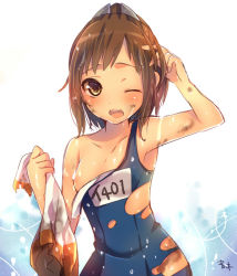 Rule 34 | 10s, 1girl, bad id, bad pixiv id, brown eyes, brown hair, dark-skinned female, dark skin, i-401 (kancolle), kantai collection, mitsuhachi8, one-piece swimsuit, one eye closed, ponytail, school swimsuit, solo, swimsuit, torn clothes, torn swimsuit