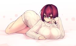 Rule 34 | &gt;:/, 1girl, :/, alternate costume, breasts, fate/grand order, fate (series), full body, hair between eyes, highres, large breasts, looking at viewer, lying, no pants, red eyes, red hair, ribbed sweater, scathach (fate), simple background, solo, sub-res, sweater, thighs, turtleneck, white background