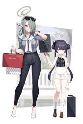 Rule 34 | 2girls, bag, bare arms, bare shoulders, black hair, black pants, black shirt, blue archive, braid, breasts, brown footwear, butterfly hair ornament, closed mouth, collared shirt, commentary request, dev (dev0614), double bun, eyewear on head, finger to mouth, food, grey eyes, grey hair, grey shirt, groin, hair bun, hair ornament, hair over one eye, hair ribbon, halo, hands up, highres, holding, holding bag, holding food, kisaki (blue archive), loafers, long hair, medium breasts, mina (blue archive), multiple girls, pants, paper bag, parfait, red eyes, ribbon, shirt, shoes, shopping bag, simple background, skirt, sleeveless, sleeveless shirt, small breasts, smile, socks, sunglasses, tight clothes, tight pants, twintails, very long hair, white background, white footwear, white skirt, white socks